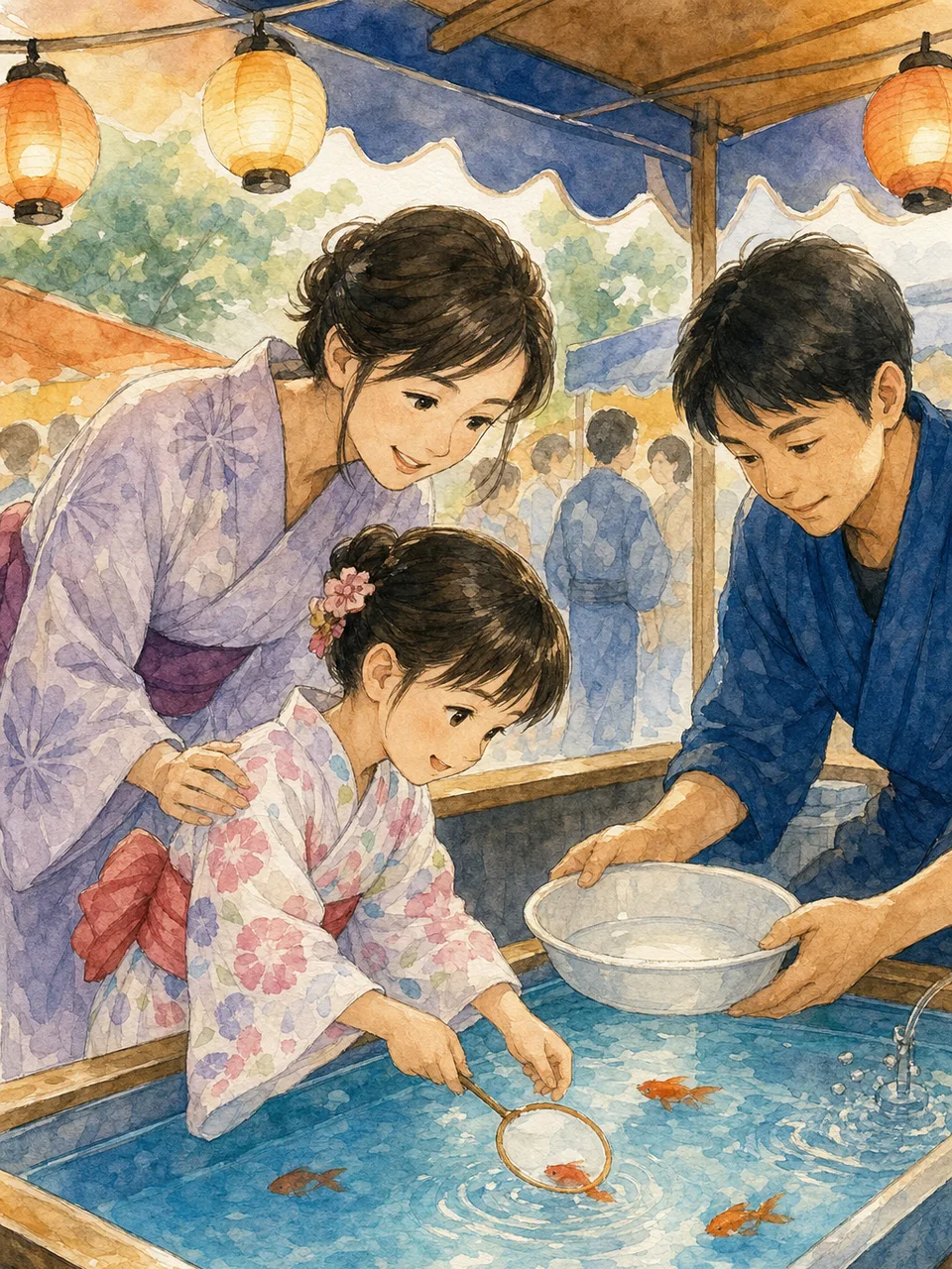 金魚すくいを楽しむ日本人親子（手描き水彩）。金魚すくい、夏祭り、親子、縁日の記事や案内に使える商用素材です。