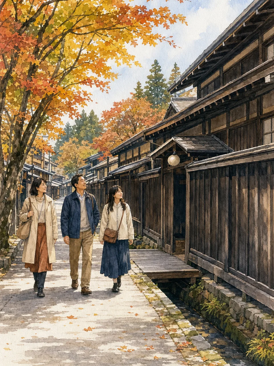 秋田の歴史ある町並みを歩く旅行者（手描き水彩）。秋田旅行、歴史的町並み、東北旅行、城下町の記事や案内に使える商用素材です。