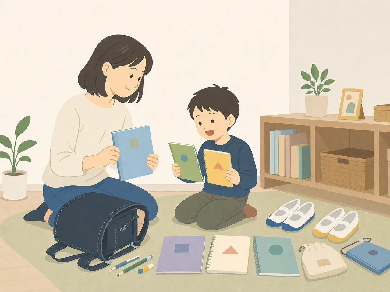 入学準備をする日本人親子（フラットイラスト）。入学準備、新生活、小学生、親子の記事向け素材です。