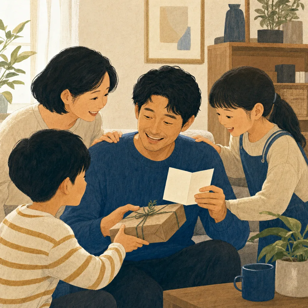 父の日に感謝を伝える日本人家族（編集記事向け）。父の日、家族、感謝、初夏の行事の記事向け素材です。