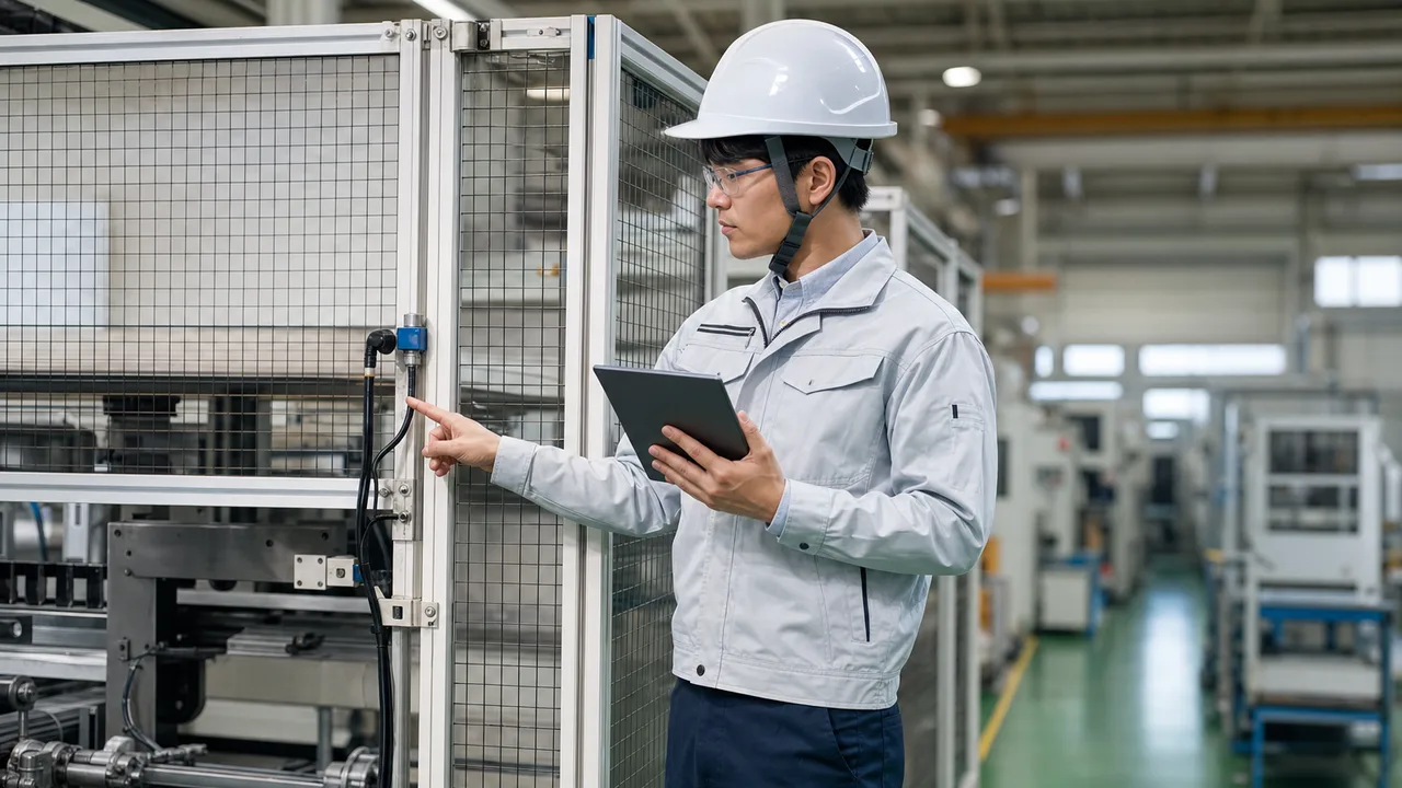 工場IoTを活用する日本人技術者（横長・コピースペース）。工場IoT、スマートファクトリー、センサー、製造業向け素材です。