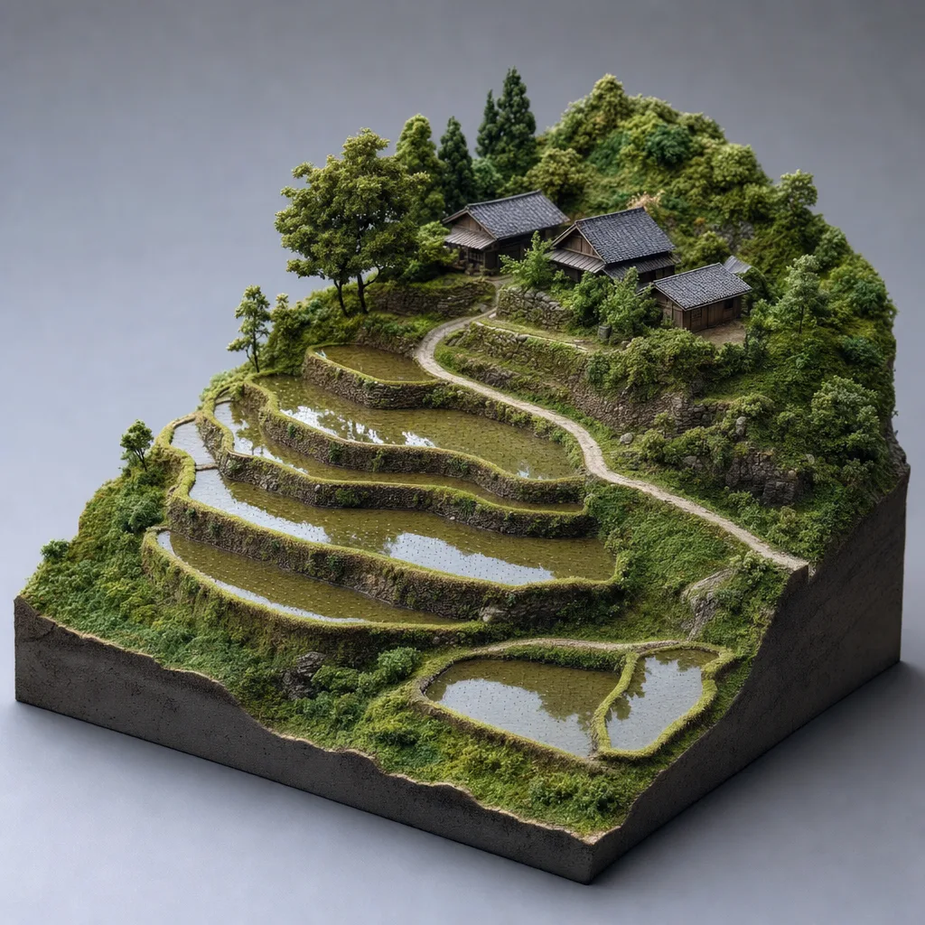 日本の里山に広がる棚田（立体ディスプレイ）。棚田、里山、水田、農村景観の記事向け素材です。