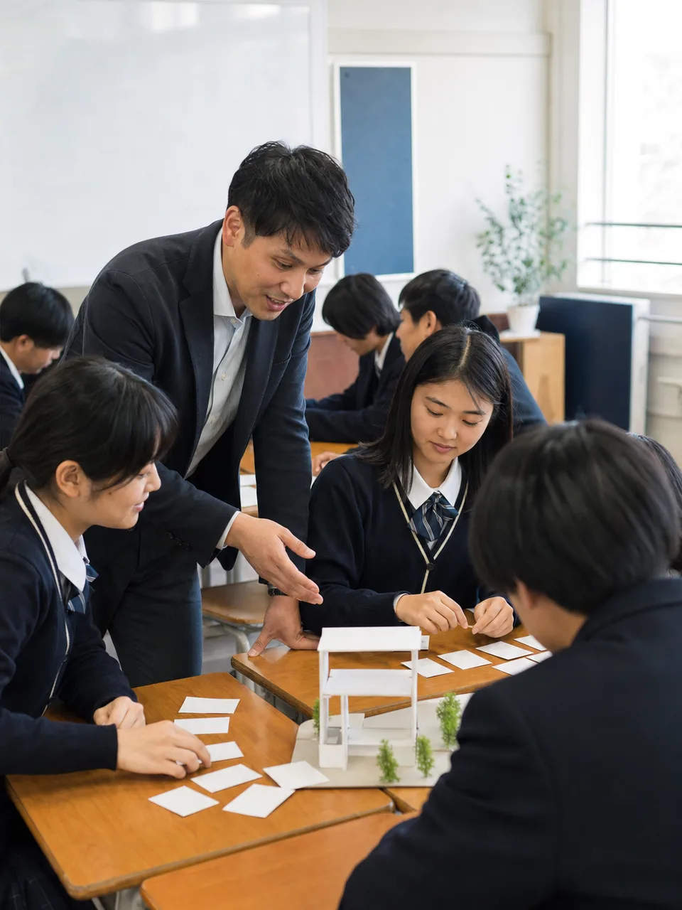 探究授業を支える日本人高校教師（自然な縦位置写真）。高校教師、探究学習、高校生、進路教育の記事向け素材です。