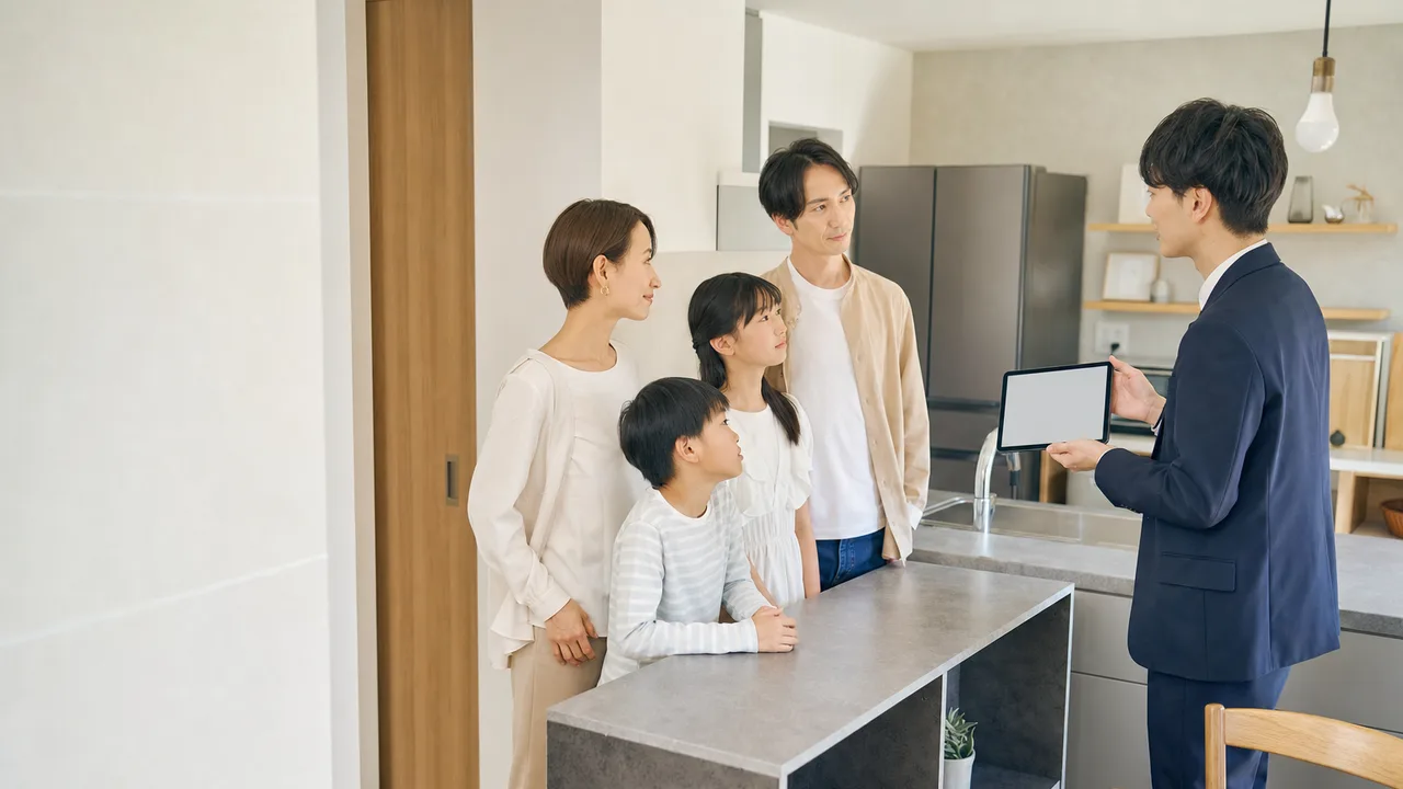住宅展示場を見学する日本人家族（横長・コピースペース）。住宅展示場、モデルルーム、家づくり、住宅購入の記事向け素材です。