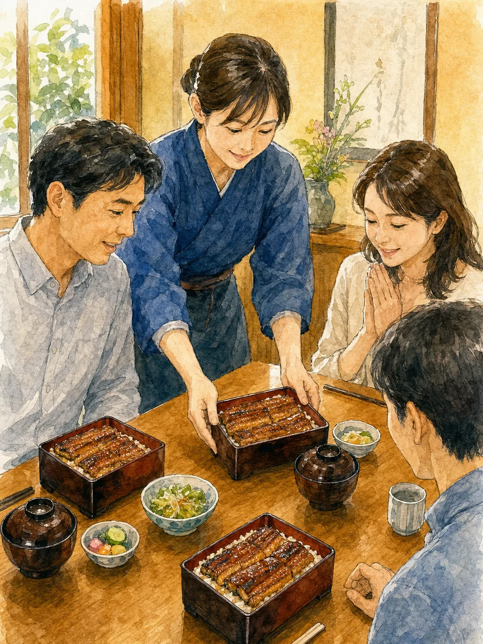 うなぎ料理を味わう日本人（手描き水彩）。うなぎ、鰻重、和食、夏の食文化の記事向け素材です。