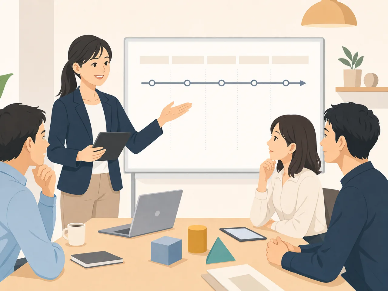 顧客導入を支援する日本人チーム（フラットイラスト）。カスタマーサクセス、顧客支援、導入支援、オンボーディングの記事や案内に使える商用素材です。