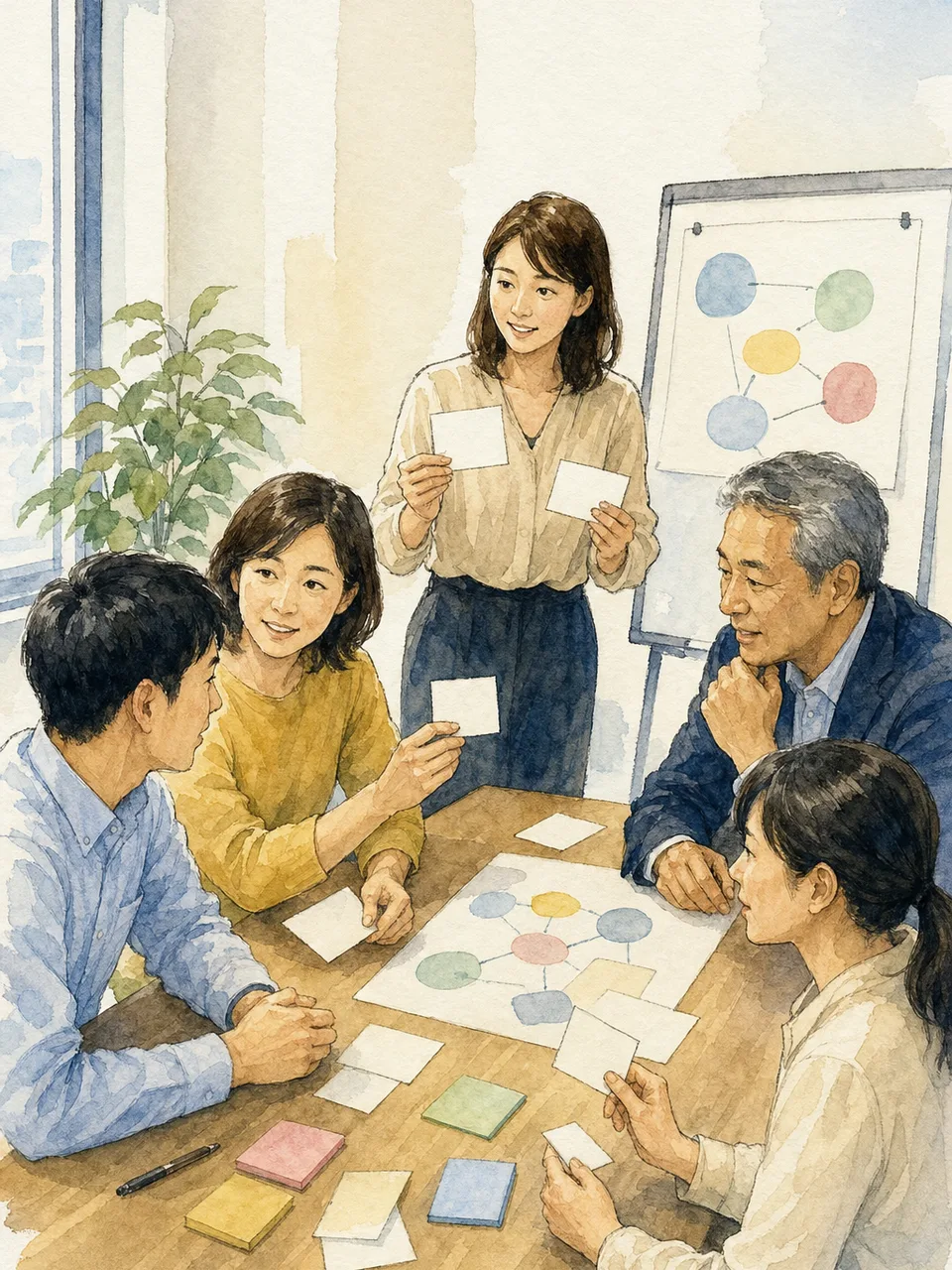 社員研修に参加する日本人会社員（手描き水彩）。社員研修、人材育成、社内教育、チームづくりの記事向け素材です。