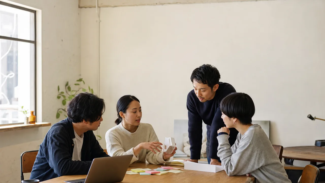 事業を立ち上げるスタートアップチーム（横長・コピースペース）。起業、新規事業、資金調達、チーム形成を伝えられる企画場面です。