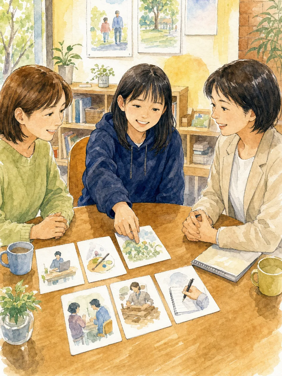不登校について相談する日本人親子（手描き水彩）。不登校、教育相談、子どもの意思、学びの選択肢の記事向け素材です。