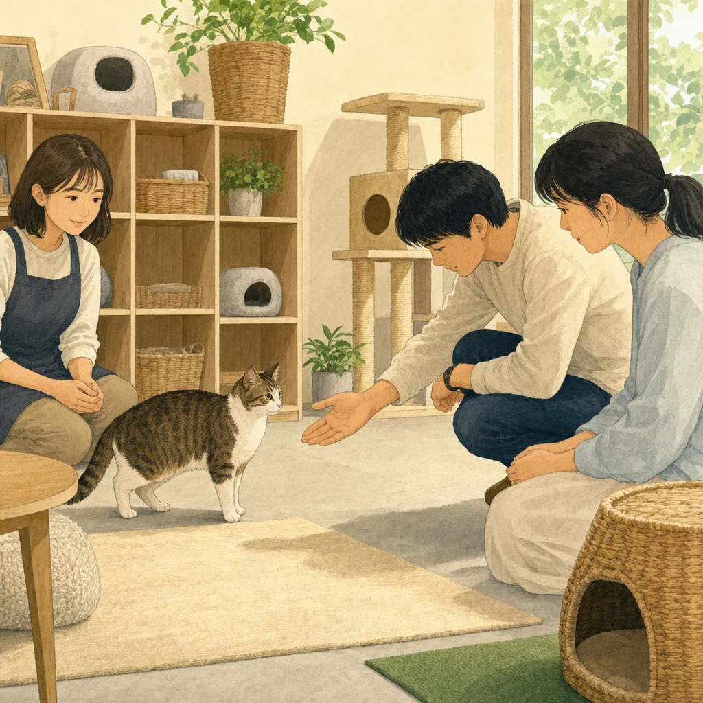 保護猫と出会う日本人（編集記事向け）。保護猫、里親、猫の譲渡、動物福祉の記事向け素材です。