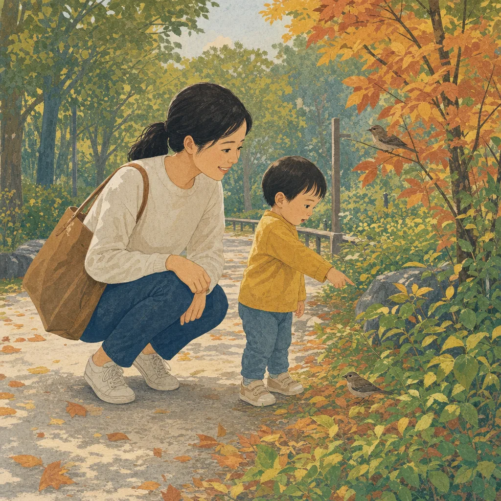 公園を散歩する日本人親子（編集記事向け）。親子の公園散歩、幼児、子育て、日常の記事向け素材です。