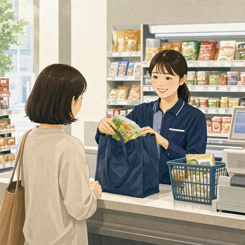 コンビニで接客する日本人スタッフ（編集記事向け）。コンビニ、小売、接客、アルバイト募集の記事に使える店舗素材です。