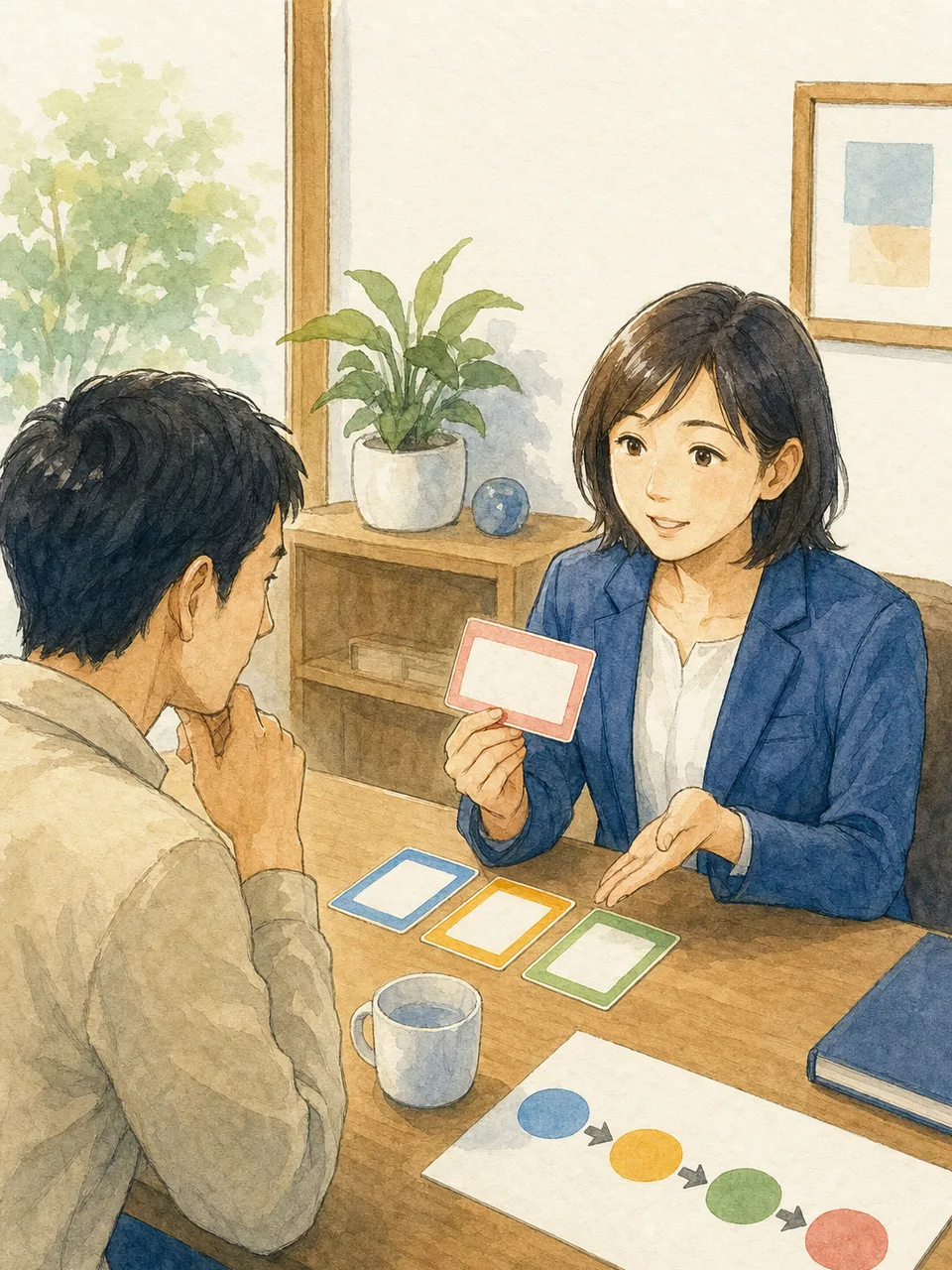 多重債務を相談する日本人（手描き水彩）。多重債務相談、債務整理、生活再建、金融相談の記事や案内に使える商用素材です。