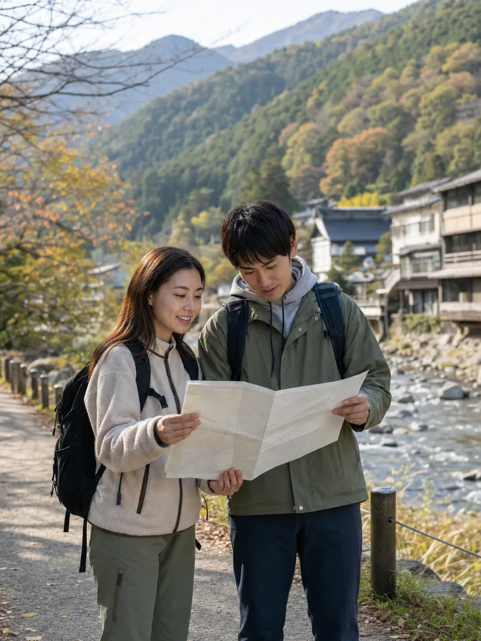 長野の山あいを旅する日本人（自然な縦位置写真）。長野、山岳風景、温泉町、地域旅行の記事向け素材です。