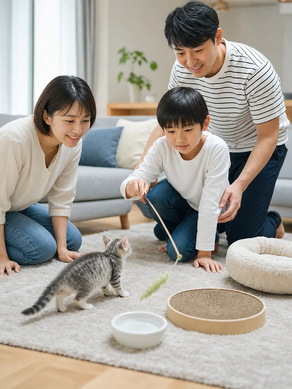子猫を見守る日本人家族（自然な縦位置写真）。子猫、猫との暮らし、家族、ペットケアの記事向け素材です。