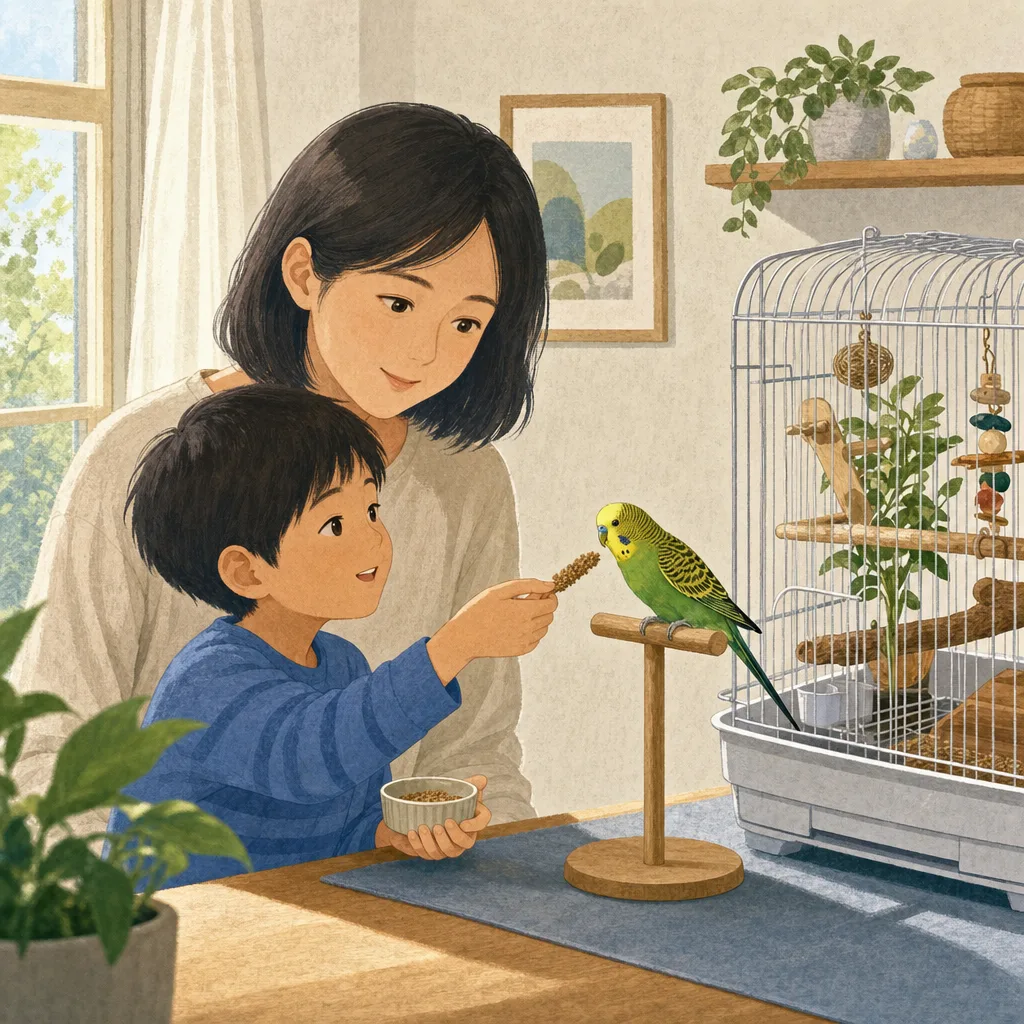 インコを世話する日本人家族（編集記事向け）。インコ、鳥、小動物、ペットケアの記事向け素材です。