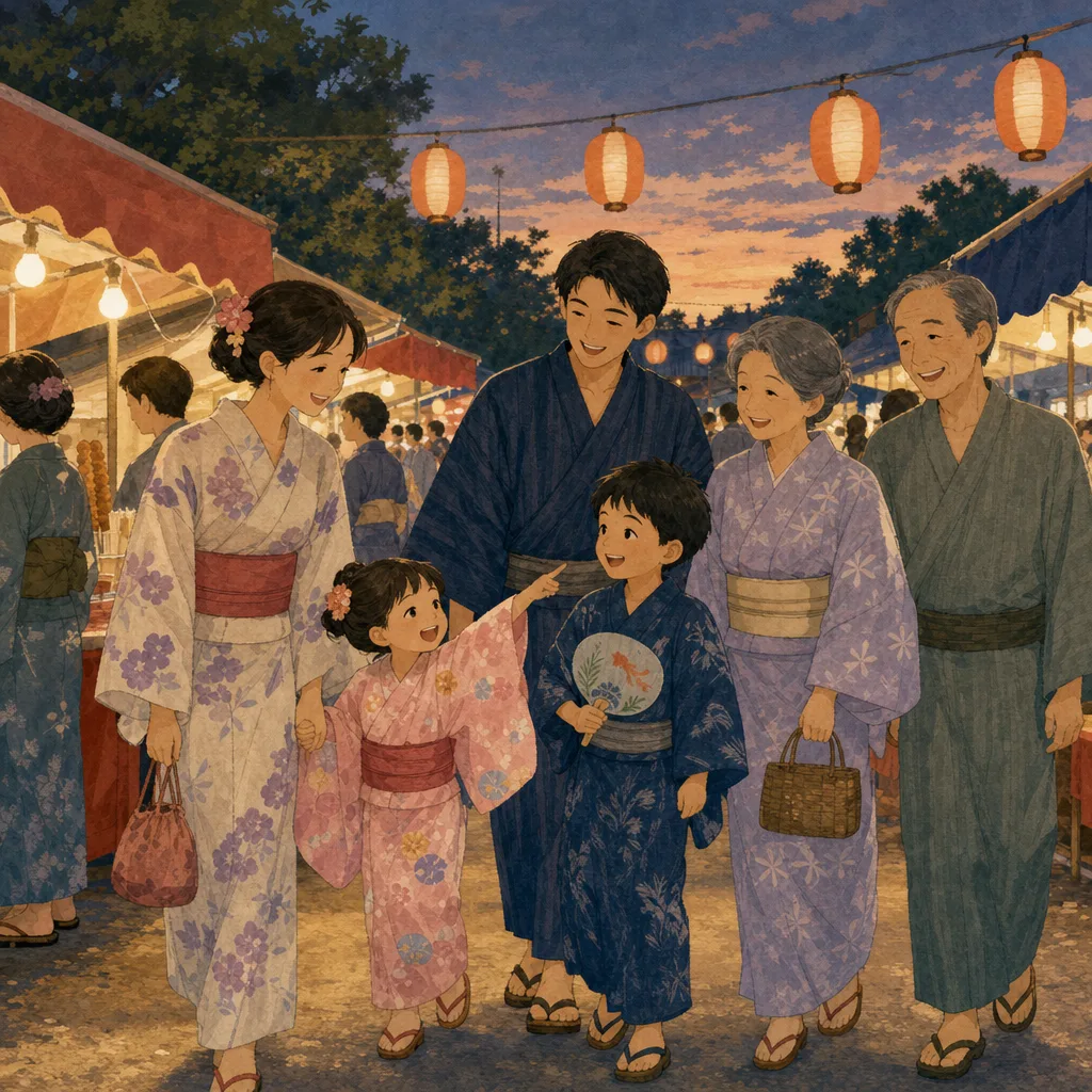 夏祭りを楽しむ日本人家族（編集記事向け）。夏祭り、地域イベント、浴衣、家族のお出かけに使える季節素材です。