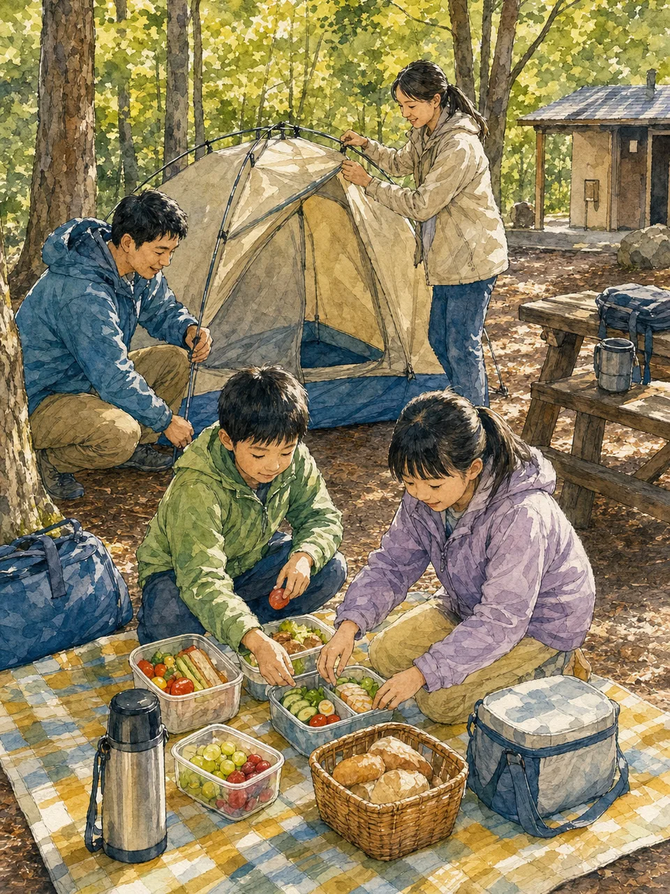 キャンプを楽しむ日本人家族（手描き水彩）。キャンプ、家族旅行、アウトドア用品、自然体験の記事向け素材です。