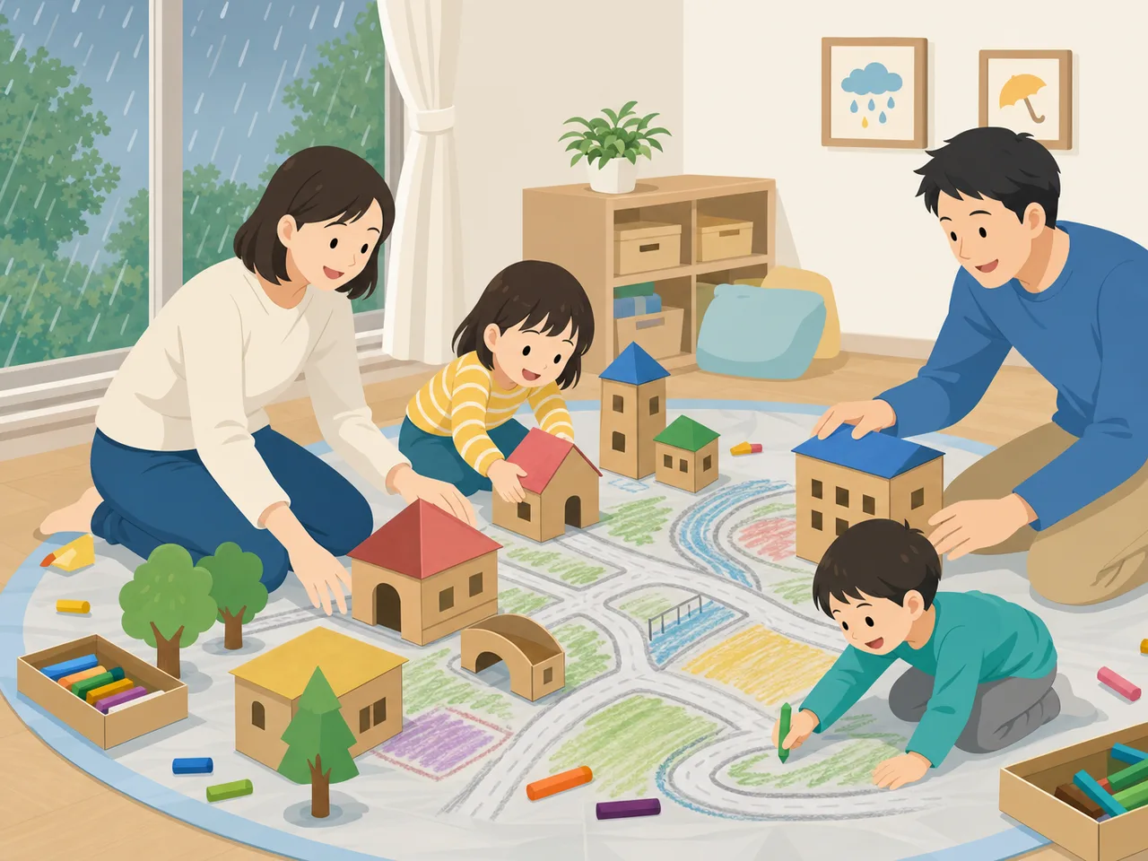 雨の日に室内遊びを楽しむ日本人親子（フラットイラスト）。雨の日の室内遊び、親子、子ども、家庭の記事向け素材です。