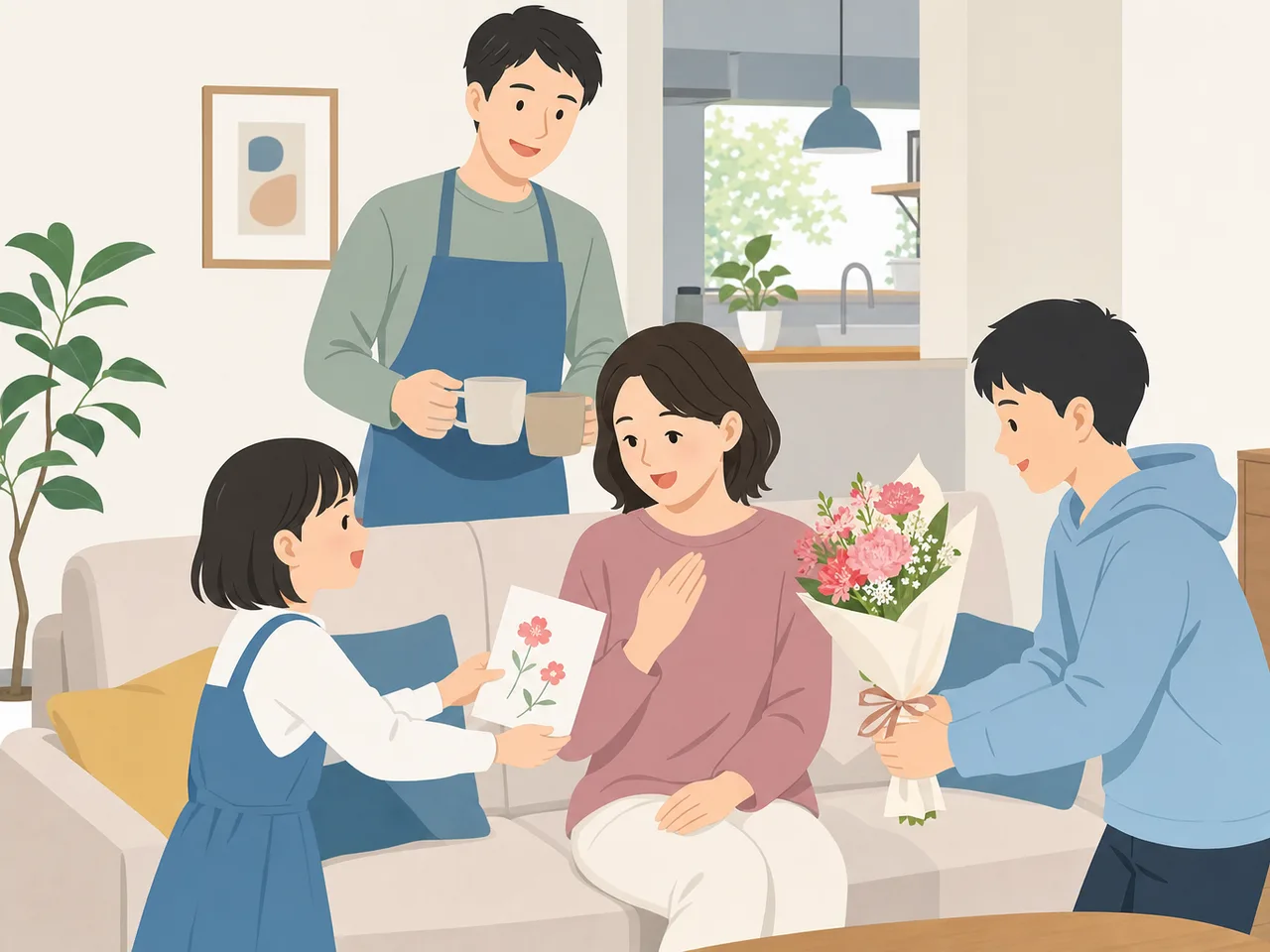 母の日に感謝を伝える日本人家族（フラットイラスト）。母の日、家族、感謝、春の行事の記事向け素材です。