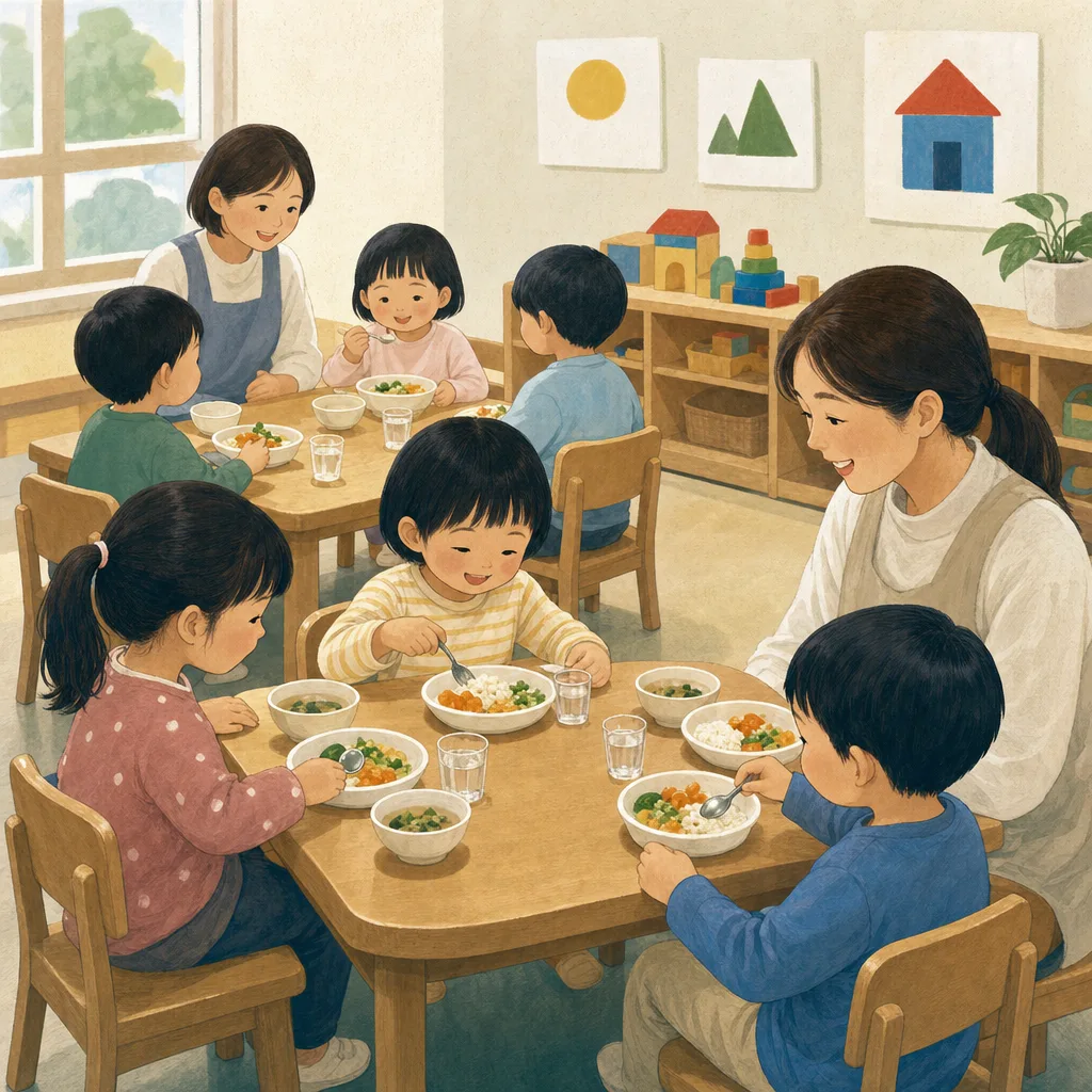 給食を楽しむ日本人の園児（編集記事向け）。保育園給食、園児、食育、幼児の記事や案内に使える商用素材です。
