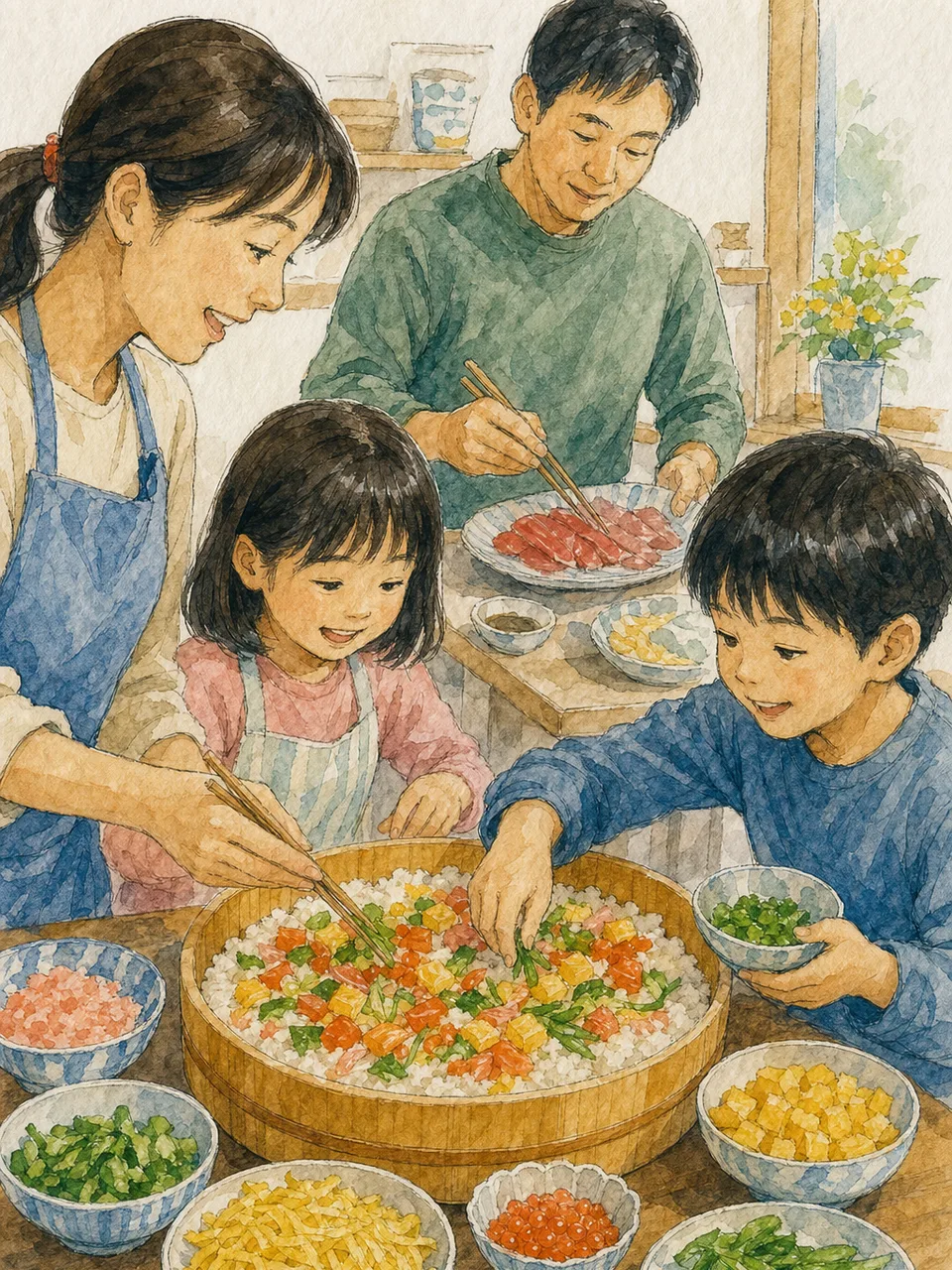 ちらし寿司を作る日本人家族（手描き水彩）。ちらし寿司、祝いの食卓、親子料理、和食の記事向け素材です。