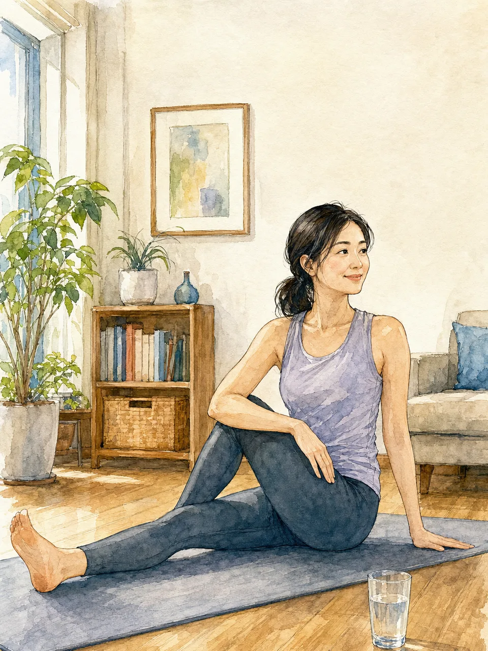 自宅でヨガをする日本人女性（手描き水彩）。運動習慣、ウェルネス、オンラインレッスン、健康記事向け素材です。