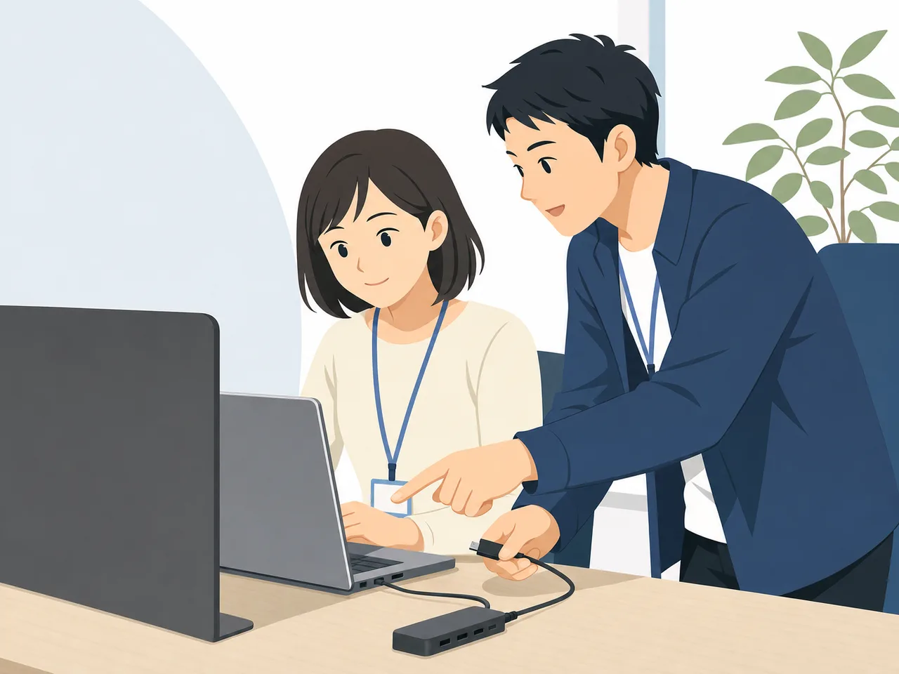 ITサポートを行う日本人担当者（フラットイラスト）。ITサポート、ヘルプデスク、社内IT、問題解決の記事向け素材です。