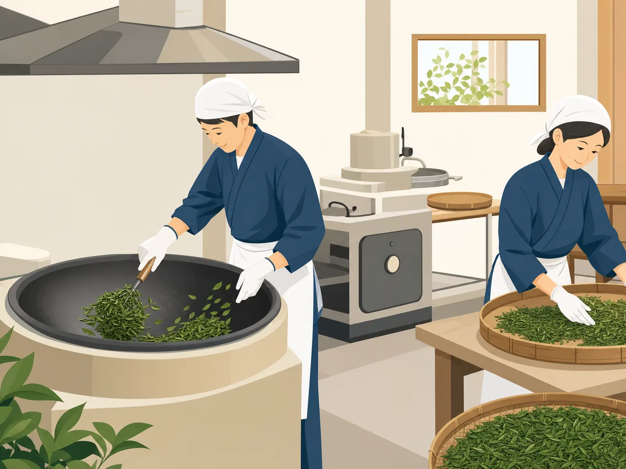 茶葉を焙煎する日本人職人（フラットイラスト）。茶葉焙煎、日本茶、製茶、緑茶の記事や案内に使える商用素材です。