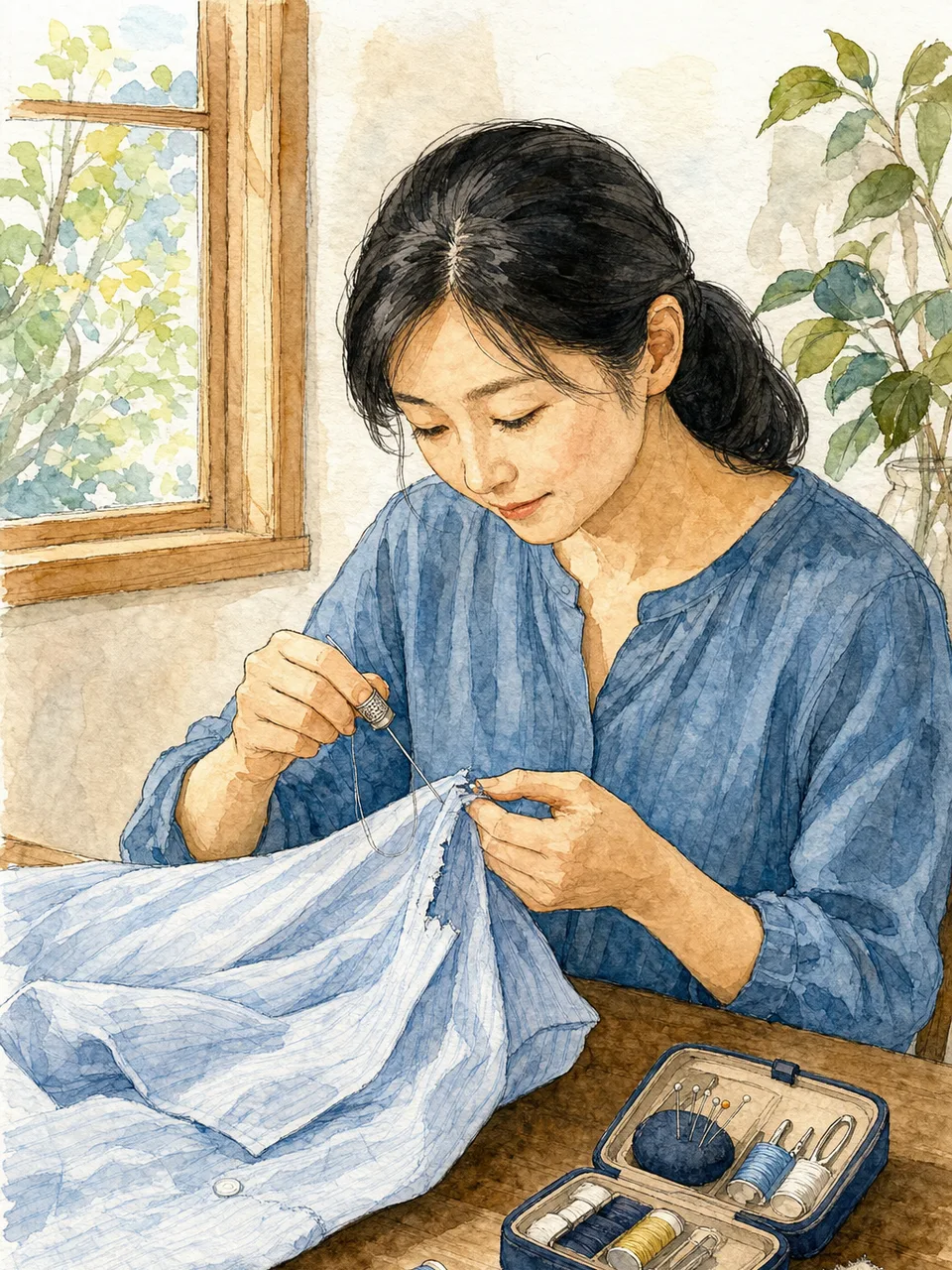 洋服を修繕する日本人（手描き水彩）。洋服の修繕、繕い物、衣類、持続可能な暮らしの記事向け素材です。