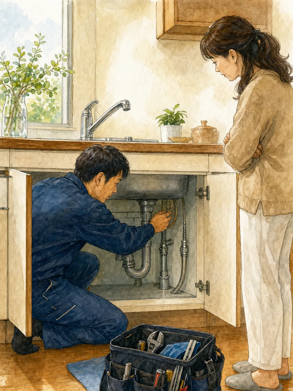 水回りを点検する日本人配管工（手描き水彩）。配管工、水道修理、住宅設備、メンテナンスの記事向け素材です。
