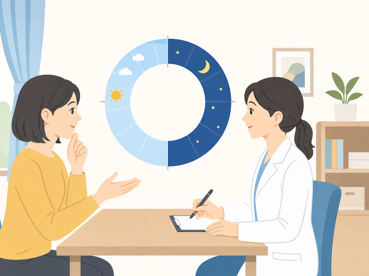 睡眠の悩みを相談する日本人（フラットイラスト）。睡眠相談、不眠、睡眠衛生、健康相談の記事や案内に使える商用素材です。