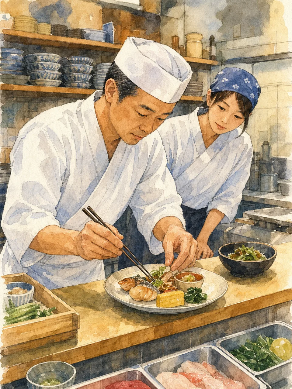 料理を仕上げる日本人調理師（手描き水彩）。調理師、飲食店、厨房、料理人の記事向け素材です。