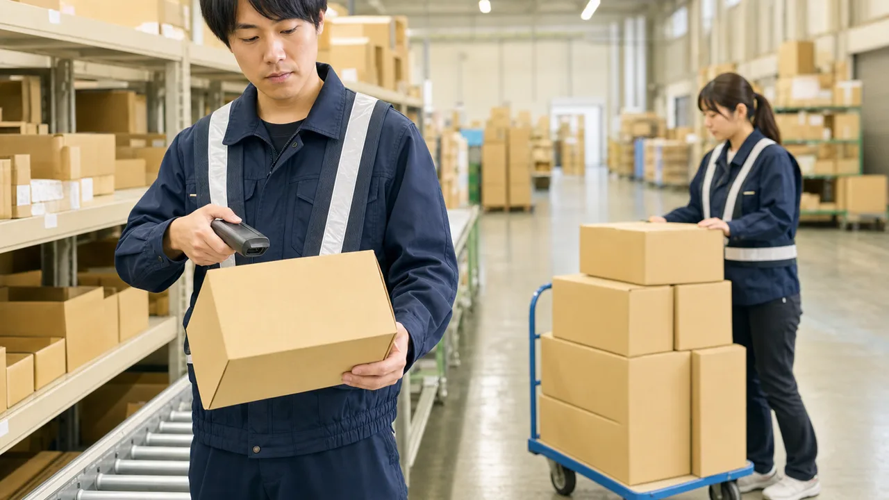 倉庫で商品を仕分ける日本人作業員（横長・コピースペース）。倉庫作業、物流、ピッキング、在庫管理の記事向け素材です。