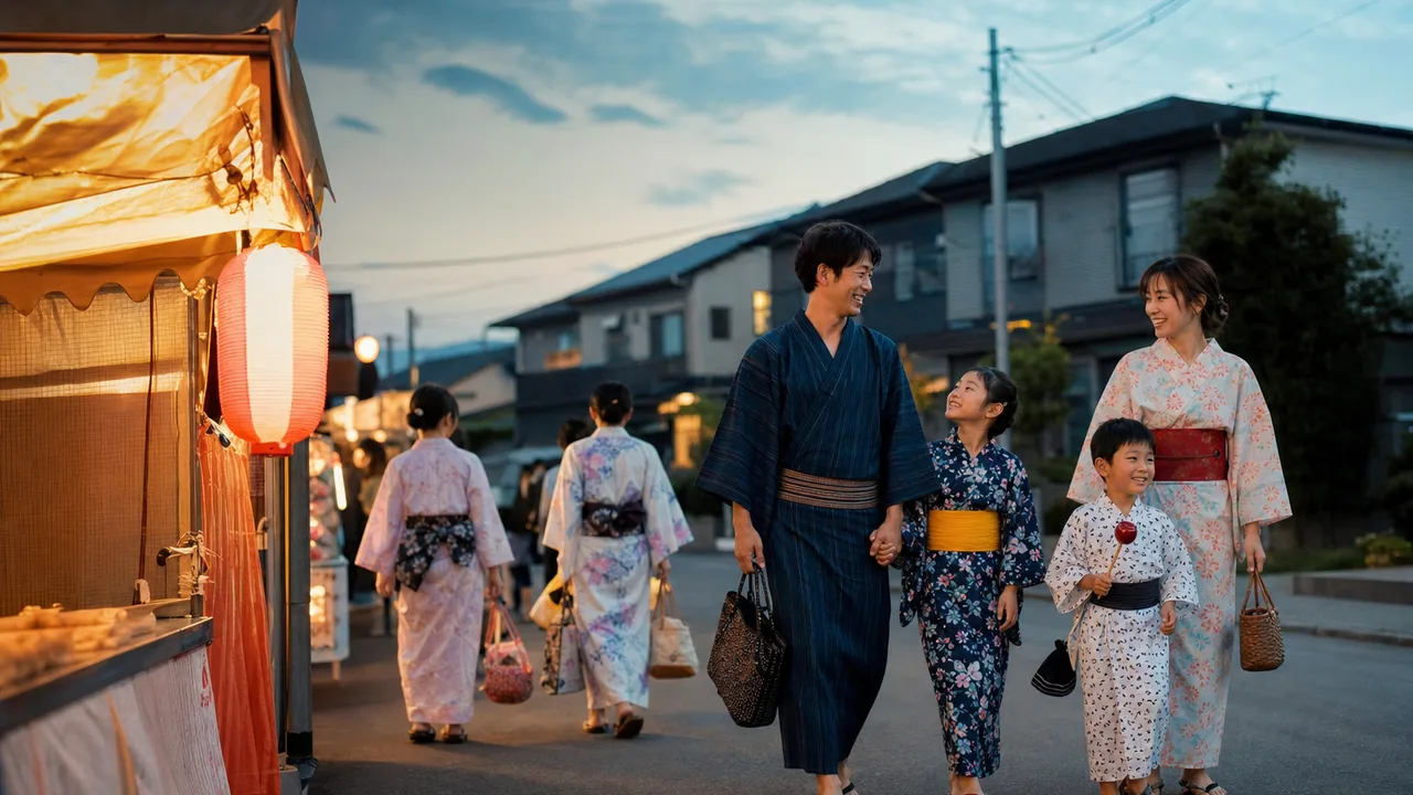 夏祭りを楽しむ日本人家族（横長・コピースペース）。夏祭り、地域イベント、浴衣、家族のお出かけに使える季節素材です。