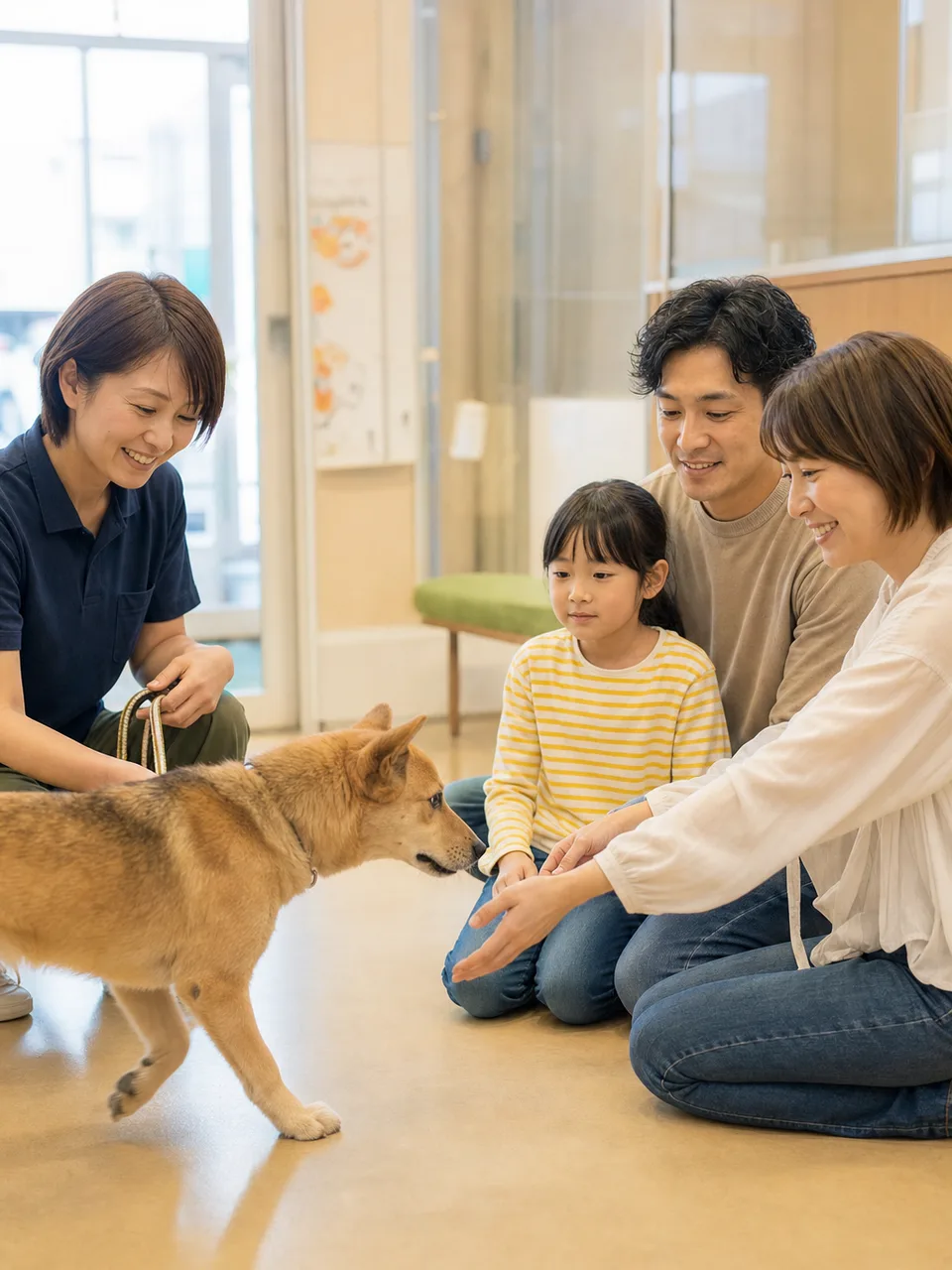 保護犬と出会う日本人家族（自然な縦位置写真）。保護犬、里親、動物福祉、家族の記事向け素材です。