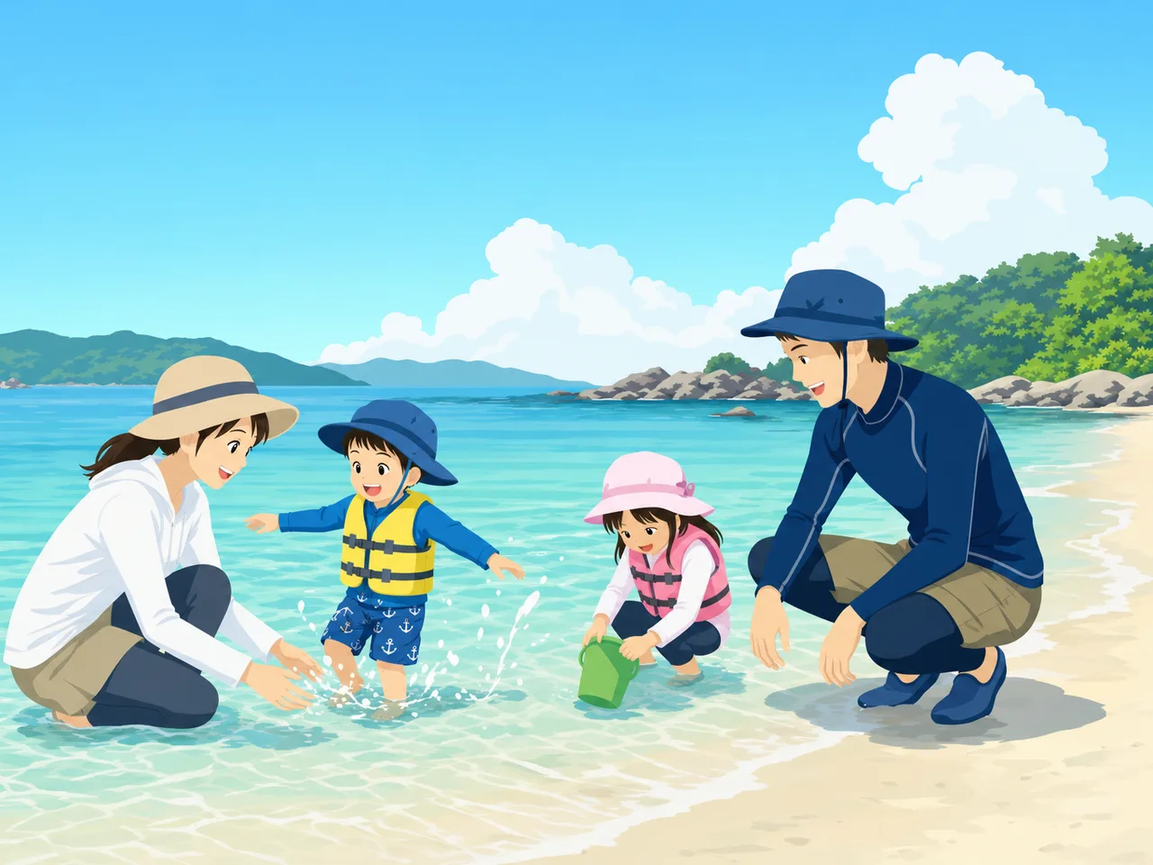 海水浴を楽しむ日本人家族（フラットイラスト）。海水浴、夏休み、家族旅行、海の安全啓発に使える素材です。