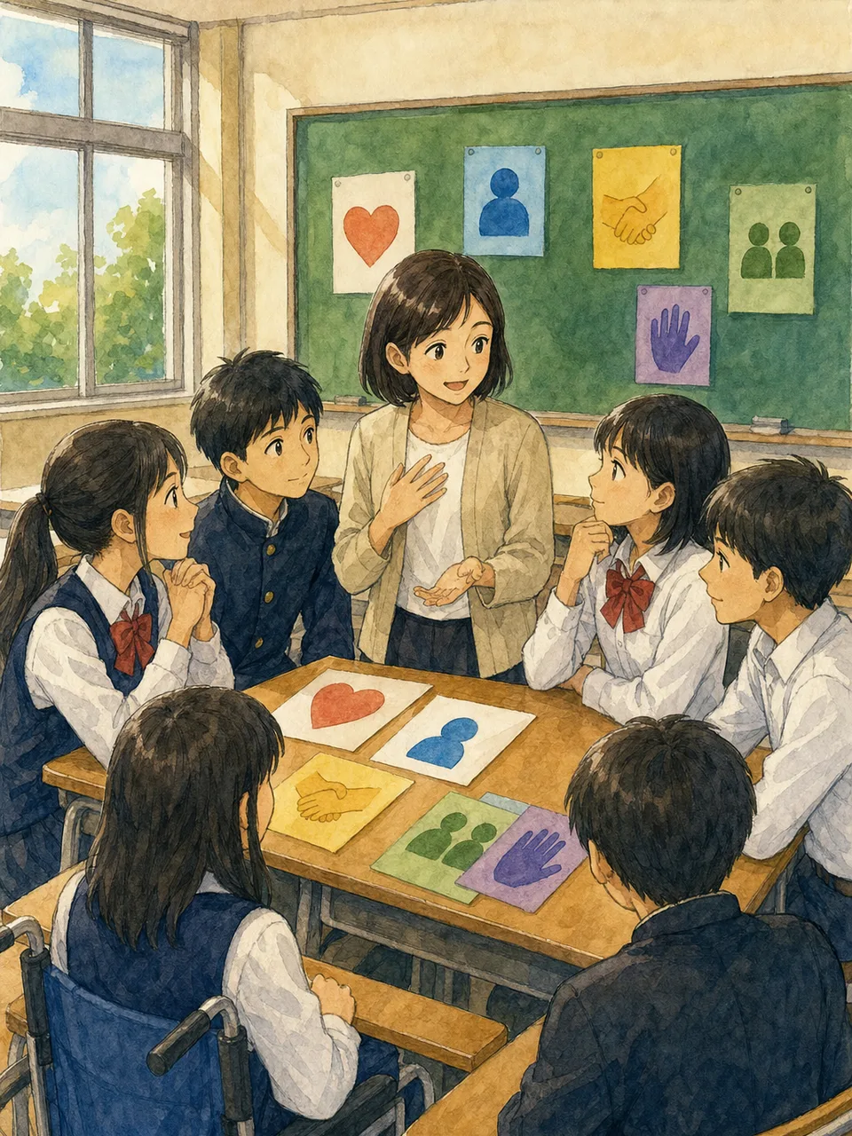 いじめ予防を話し合う日本人の生徒（手描き水彩）。いじめ予防、人権教育、学級活動、生徒の記事や案内に使える商用素材です。