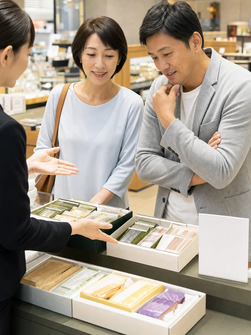お中元を選ぶ日本人（自然な縦位置写真）。お中元、夏の贈り物、季節の挨拶、ギフトの記事向け素材です。