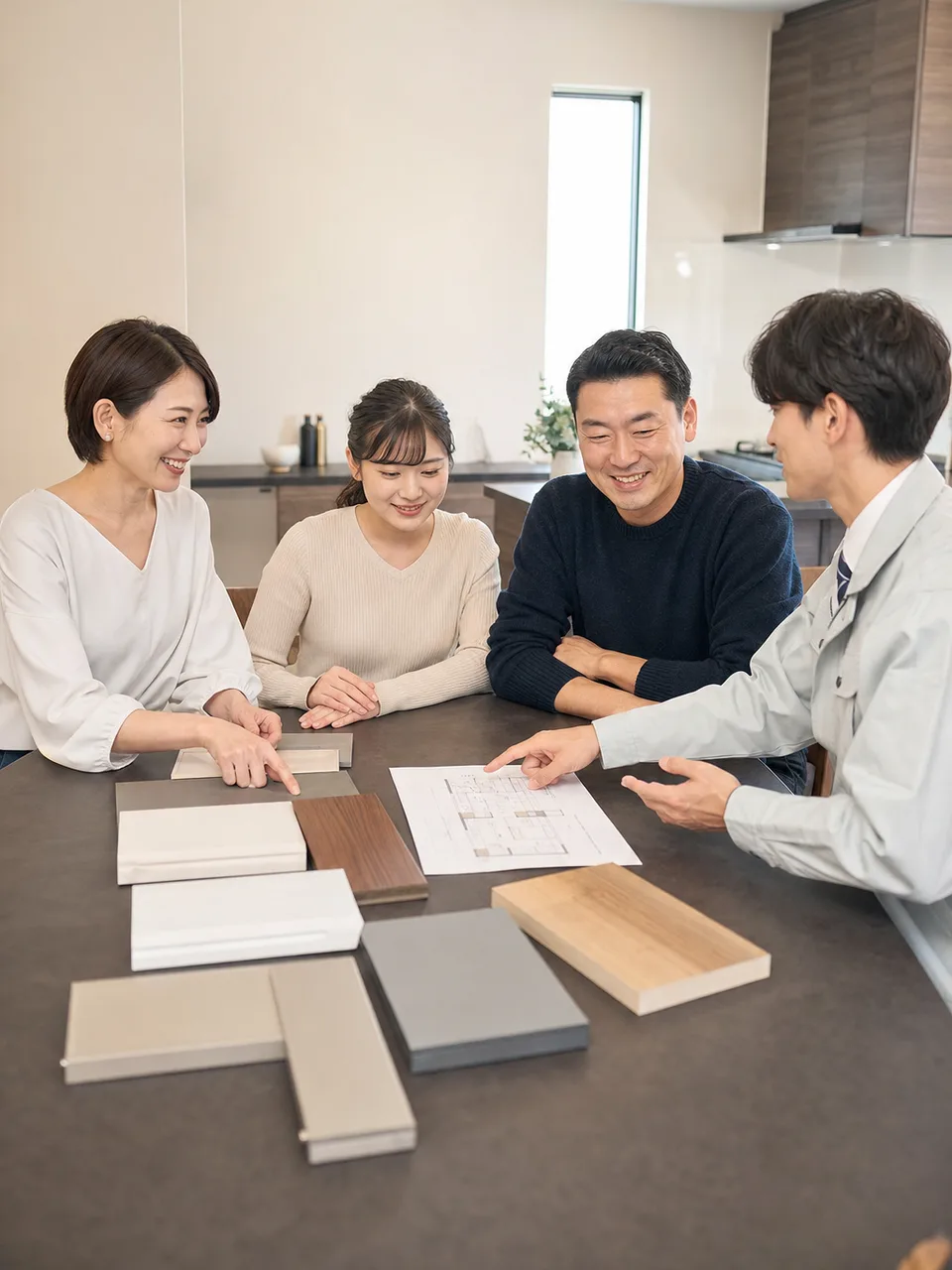 キッチンリフォームを相談する日本人（自然な縦位置写真）。キッチンリフォーム、住宅改修、家事動線、住まいの記事向け素材です。