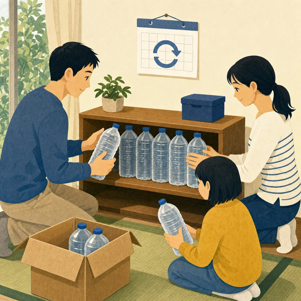 家庭の備蓄水を管理する日本人（編集記事向け）。備蓄水、家庭備蓄、防災、ローリングストックの記事や案内に使える商用素材です。