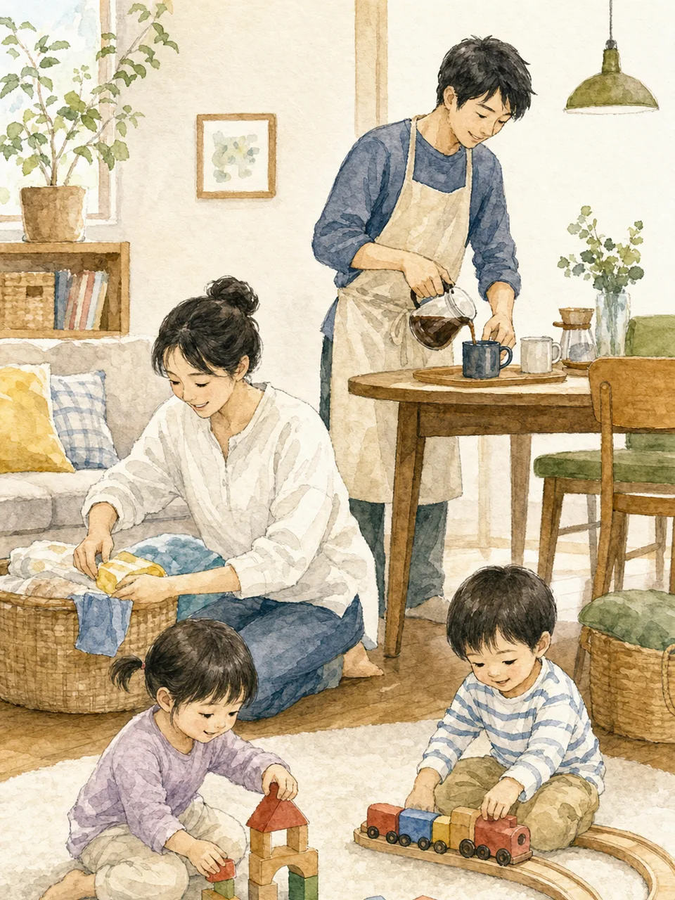 双子を育てる日本人家族（手描き水彩）。双子、育児、子育て、家族の日常を伝える記事向け素材です。