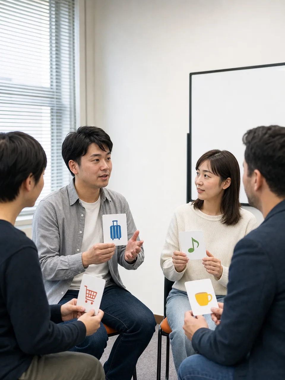 英会話教室で学ぶ日本人（自然な縦位置写真）。英会話教室、語学学習、大人の学び、コミュニケーションの記事向け素材です。
