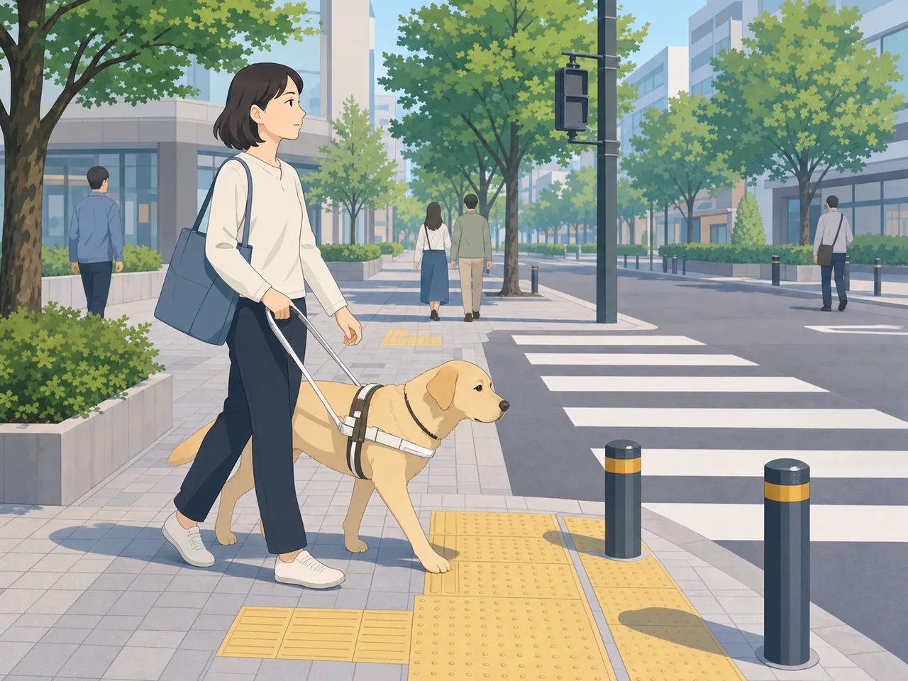 盲導犬と歩く日本人利用者（フラットイラスト）。盲導犬、視覚障害、移動支援、共生社会の記事向け素材です。