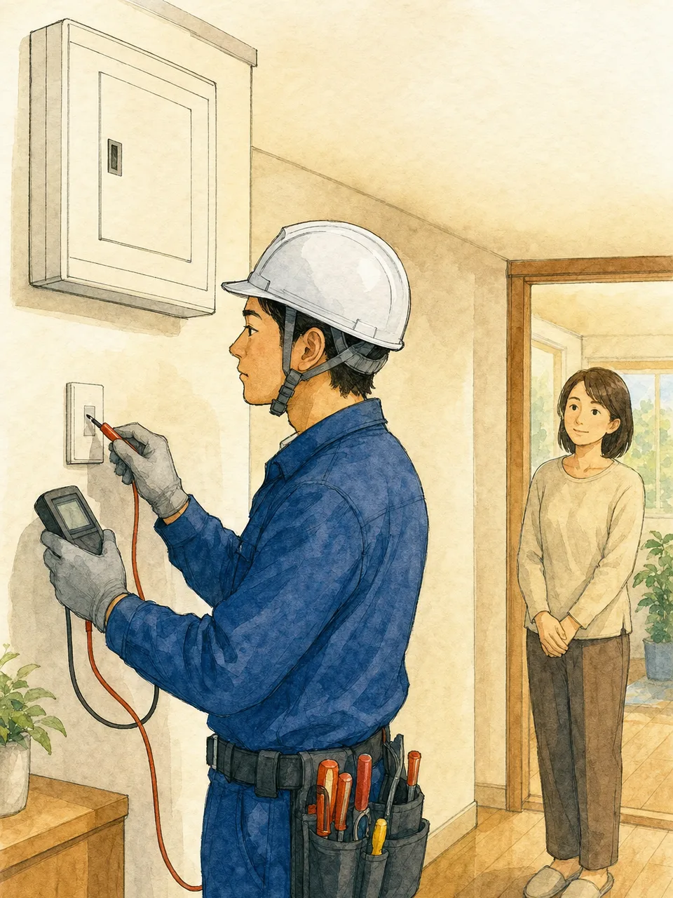 住宅の分電盤を点検する日本人電気技術者（手描き水彩）。分電盤点検、電気設備、住宅点検、電気工事士の記事や案内に使える商用素材です。