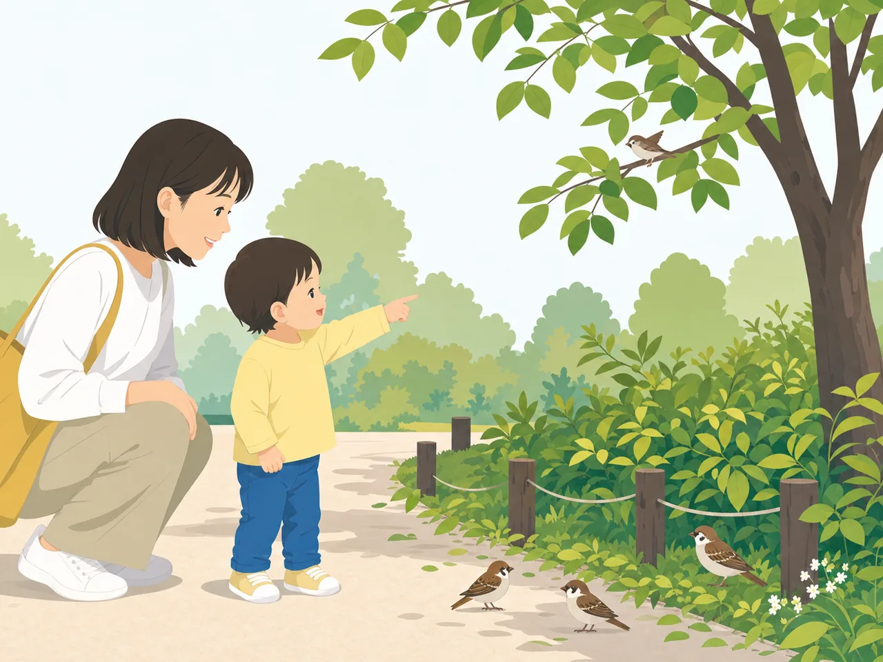 公園を散歩する日本人親子（フラットイラスト）。親子の公園散歩、幼児、子育て、日常の記事向け素材です。
