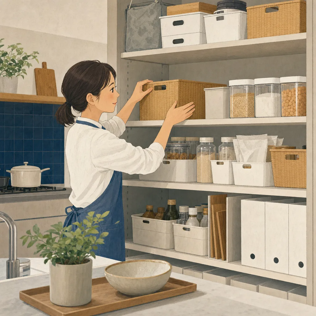 食品収納を計画する日本人家族（編集記事向け）。パントリー収納、食品収納、キッチン収納、整理整頓の記事や案内に使える商用素材です。