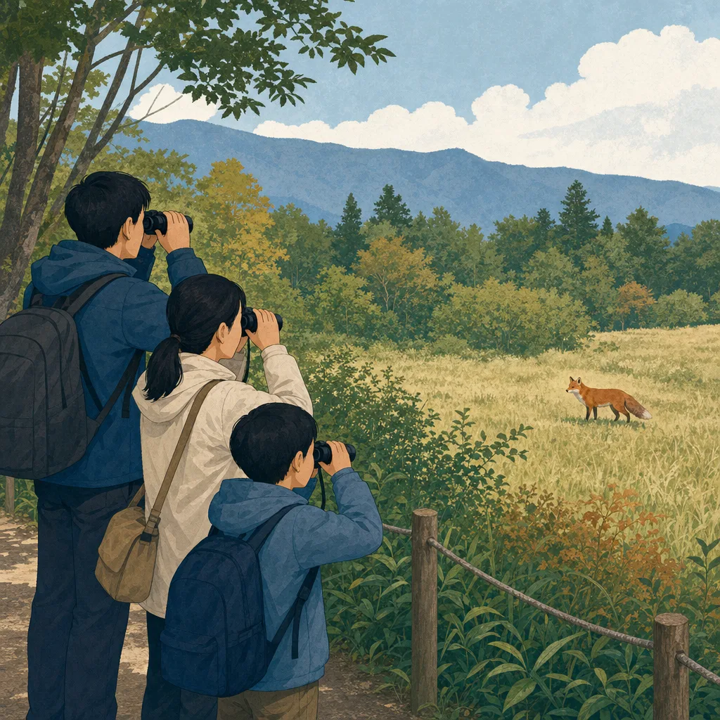 野生のキツネを遠くから観察する日本人（編集記事向け）。野生のキツネ、キタキツネ、野生動物観察、自然観察の記事や案内に使える商用素材です。
