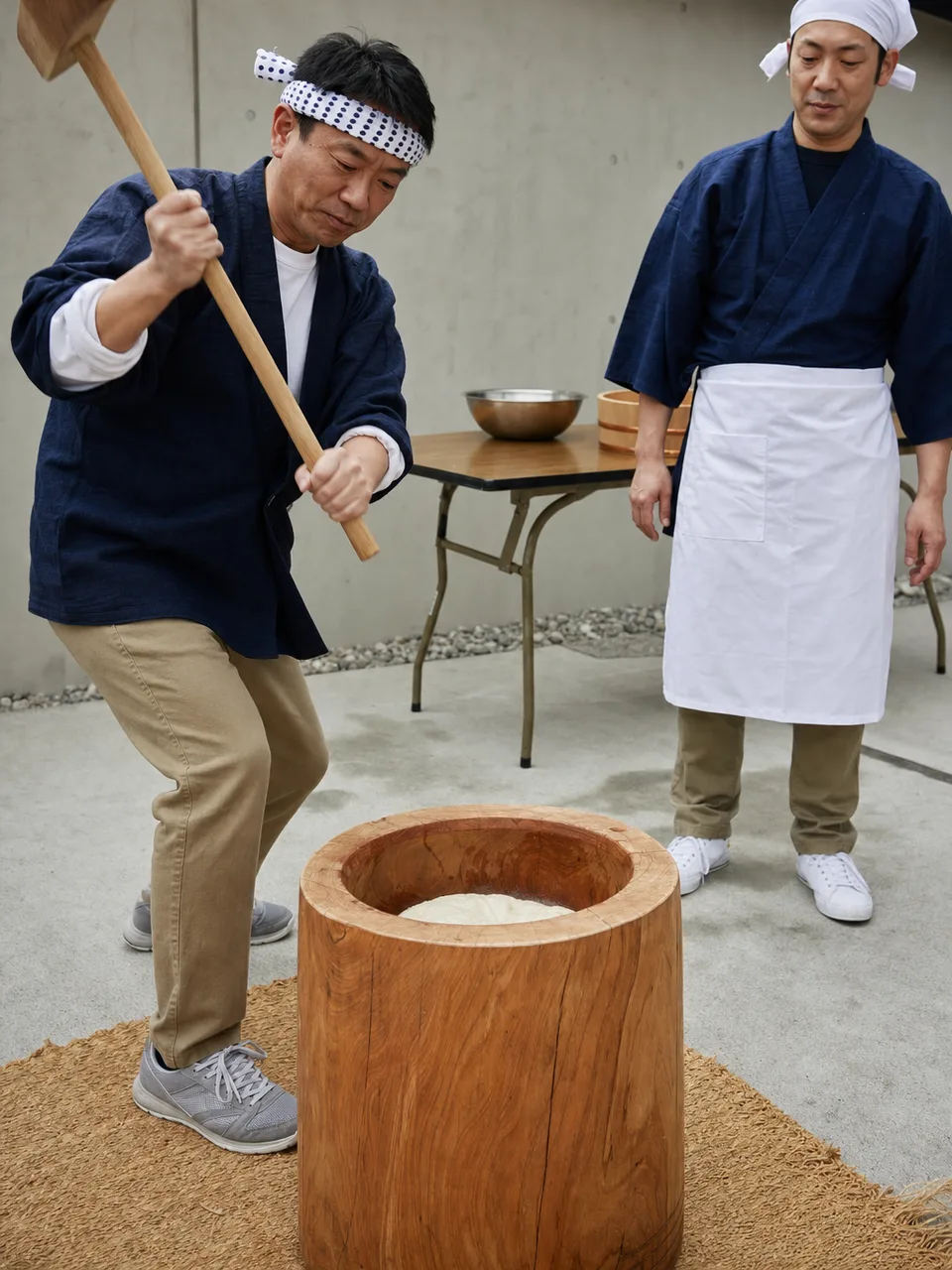 餅つきをする日本人地域住民（自然な縦位置写真）。餅つき、正月準備、地域行事、伝統文化の記事や案内に使える商用素材です。