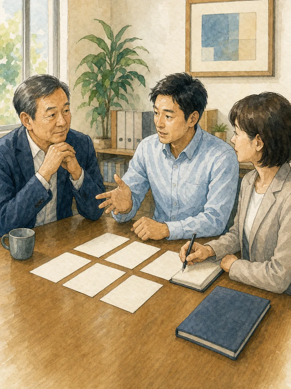 事業承継を話し合う日本人家族（手描き水彩）。事業承継、後継者、家族経営、中小企業の記事や案内に使える商用素材です。